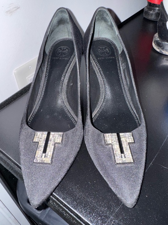 Tory Burch Shoes - Tory Burch Black Pointed Toe Logo Flats with Embellished T Detail